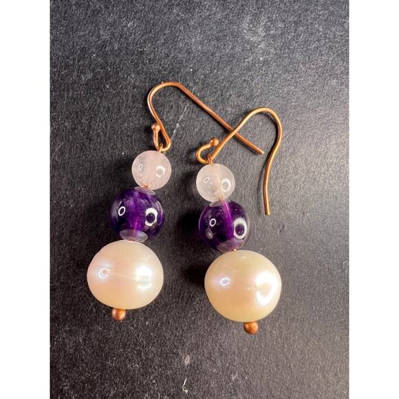 Pearl, amethyst and rose quartz dangle earrings in copper - Picture 1 of 6